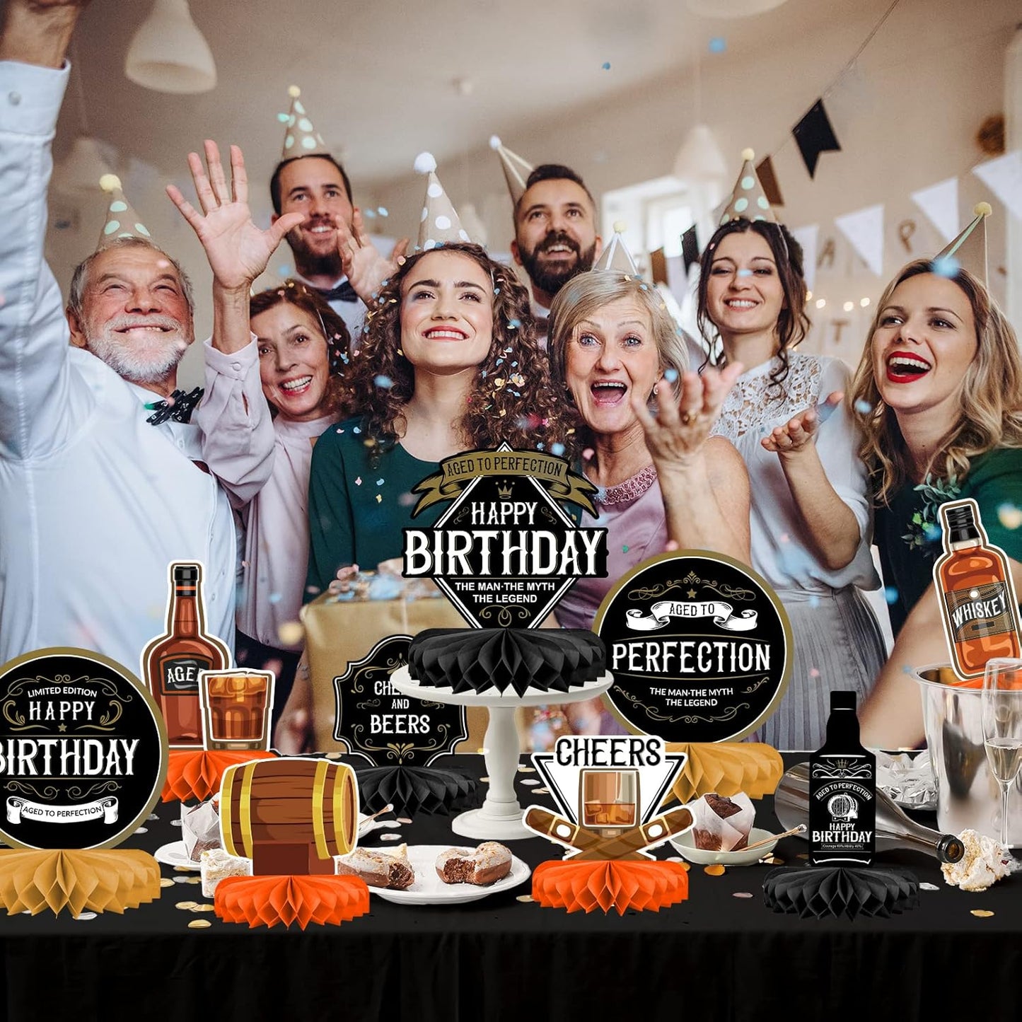 Whiskey pattern Birthday Party Decorations for MenTable Centerpiece Whiskey Honeycomb Table Toppers for 30th 40th 50th 60th 70th 80th Birthday decorations