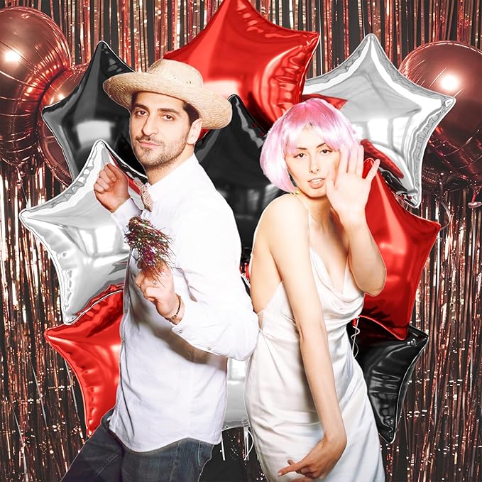 Red Black Silver Star Foil Balloons, 10PCS Foil Stars Shape Balloon, 18 Inch Red and Black Stars Balloons for Helium Pentagram Balloon for Kids Boys Birthday, New Years, Graduation Party Decorations