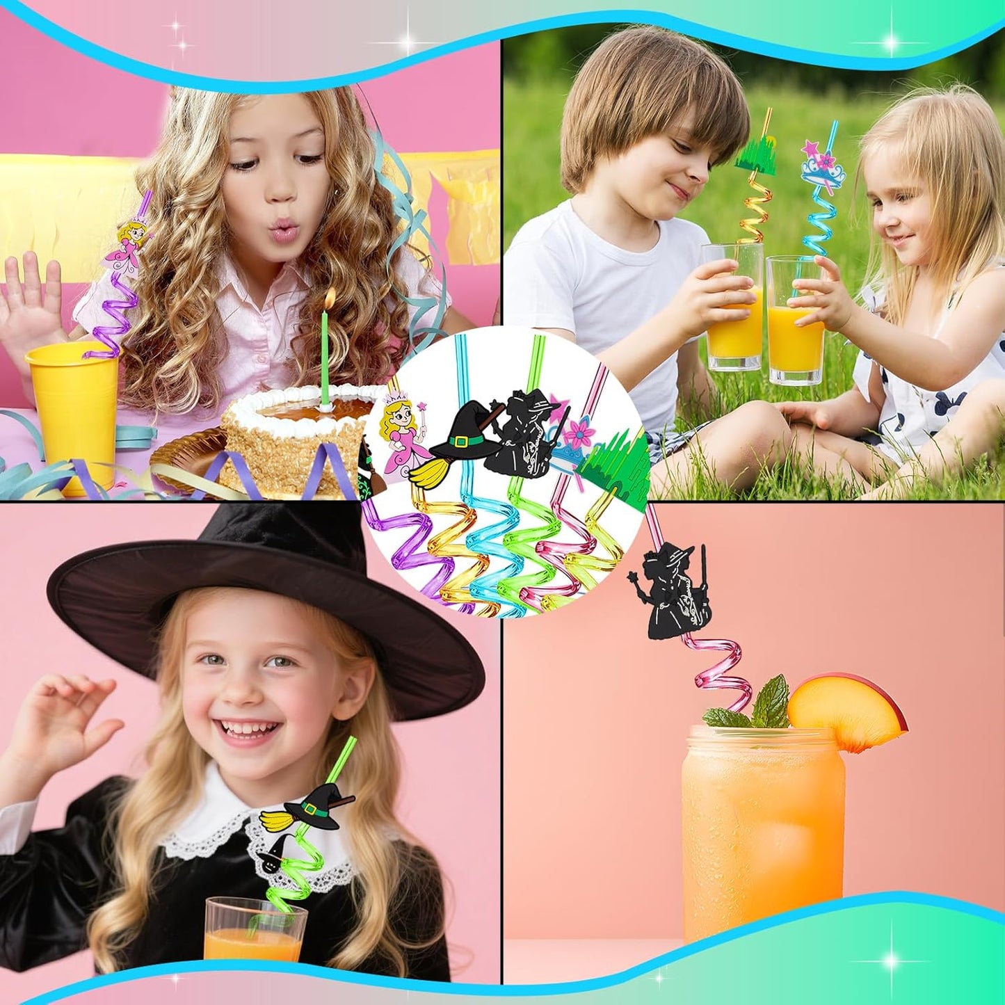 Witch and Princess Reusable Straws Wizard Birthday Party Decorations Fun Witch Straws Pink & Green Themed Party Decor Birthday Supplies with 2 Brushes