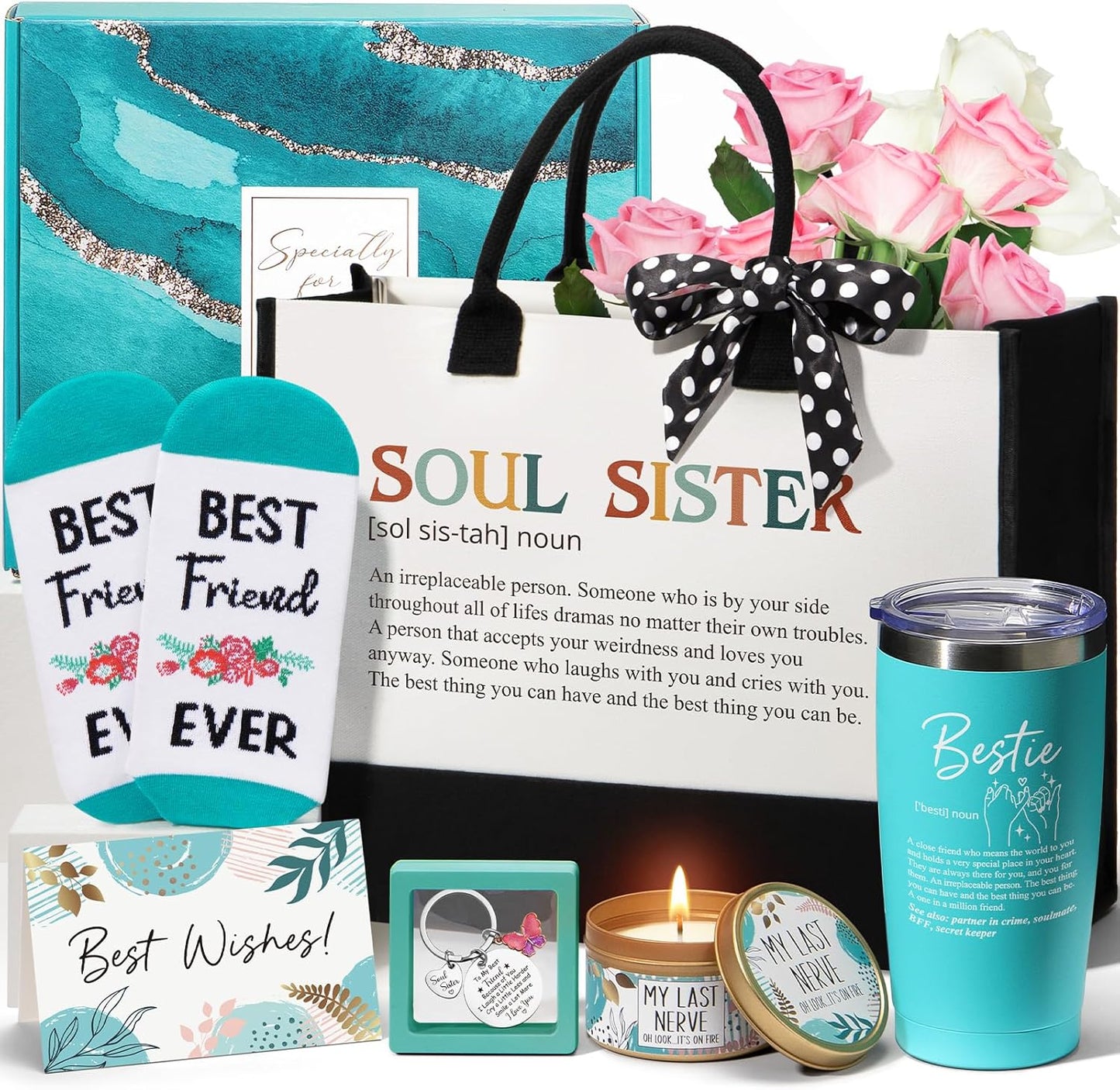 Best Friend Birthday Gifts for Women, Friendship Gifts for Women Friends Female Funny Sister Gift from Sister Christmas Gift Basket for Mom Best Friends Female Bestie Soul Sis BFF w/ Canvas Tote Bag