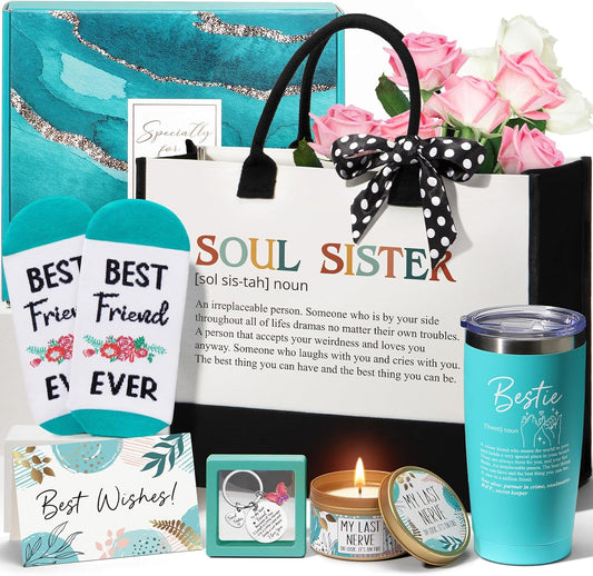 Best Friend Birthday Gifts for Women, Friendship Gifts for Women Friends Female Funny Sister Gift from Sister Christmas Gift Basket for Mom Best Friends Female Bestie Soul Sis BFF w/ Canvas Tote Bag