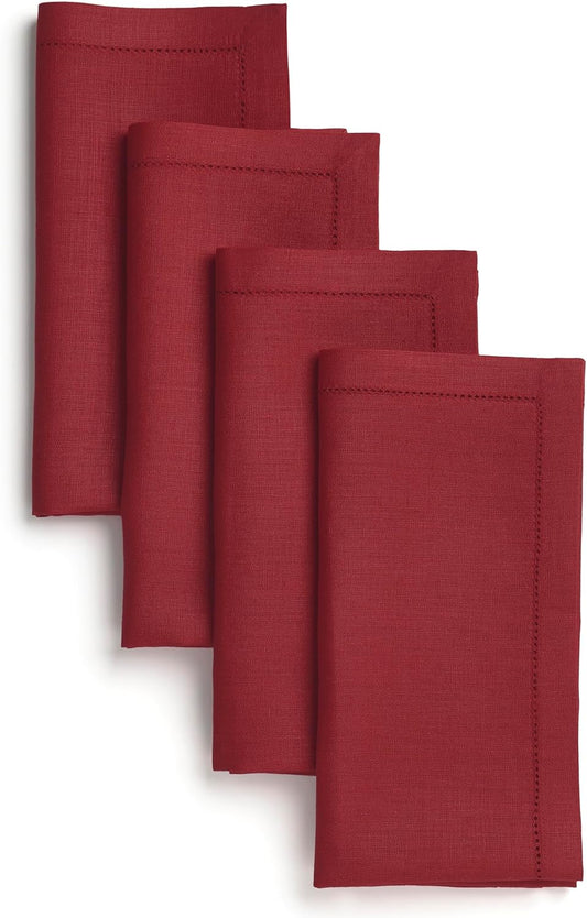 D'Moksha Homes Red Linen Napkins Set of 4 - Classic Hemstitch 100% Pure Linen Hemstitch Dinner Napkins 20 x 20 Inch for Fall, Autumn and Halloween - Handcrafted and Machine Washable