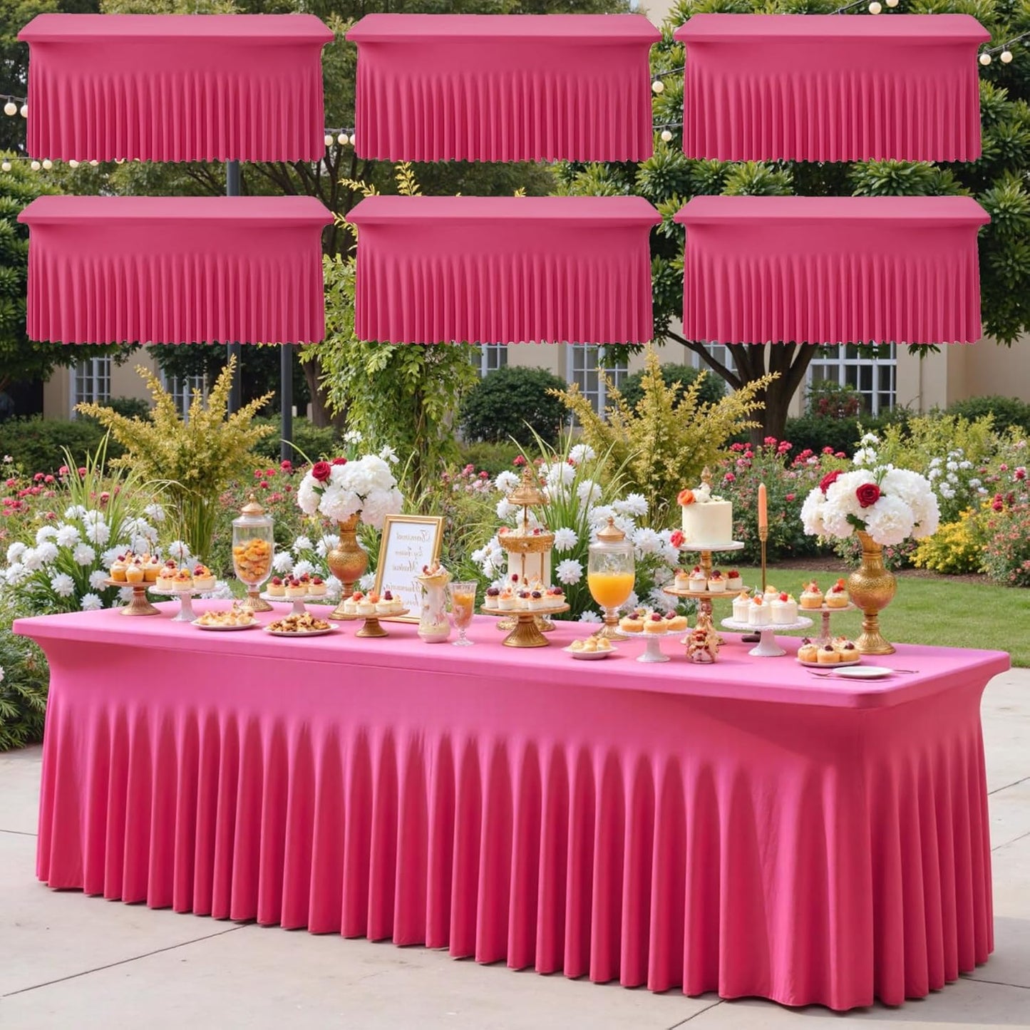 6pk Hot Pink Spandex Tablecloths 6ft for Rectangle Tables, Wrinkle Free Classy Table Skirt Stretchy Fitted Table Cloths Covers 6 Foot for Weddings Birthday Party Events Banquette Baby Shower