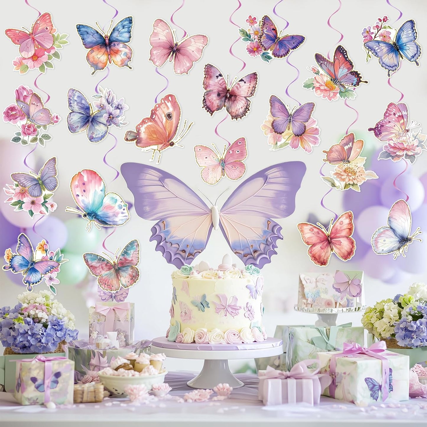 40Pcs Butterfly Hanging Swirl Decoration, Butterfly Hanging Ceiling Swirl Hanging Butterfly Decorations Butterfly Swirls Spring Party Hanging Streamer for Butterfly Birthday Party Decor
