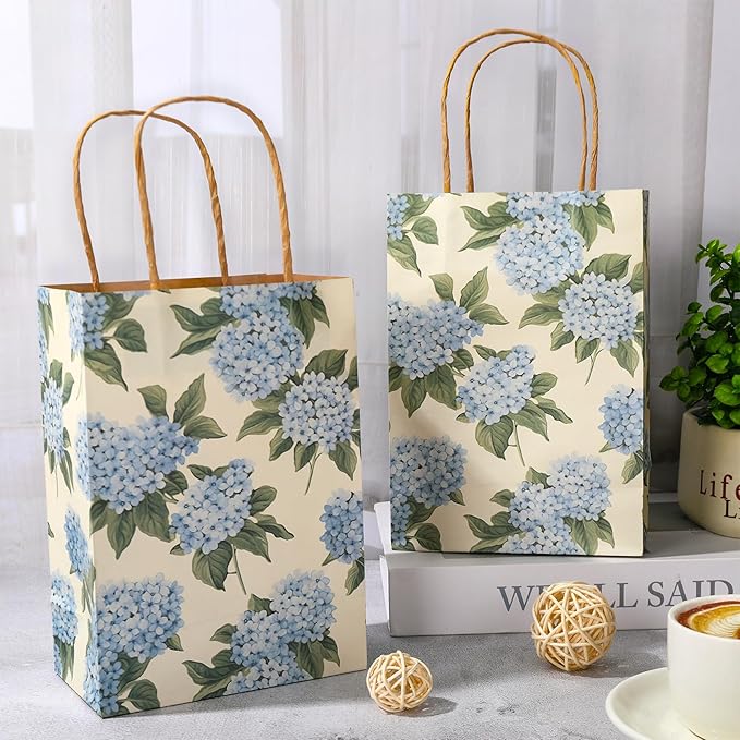 JarThenaAMCS 24Pcs Hydrangea Kraft Paper Bags Blue Floral Treat Gift Bags with Handles Flower Candy Goodie Bag for Spring Birthday Wedding Baby Shower Party Supplies