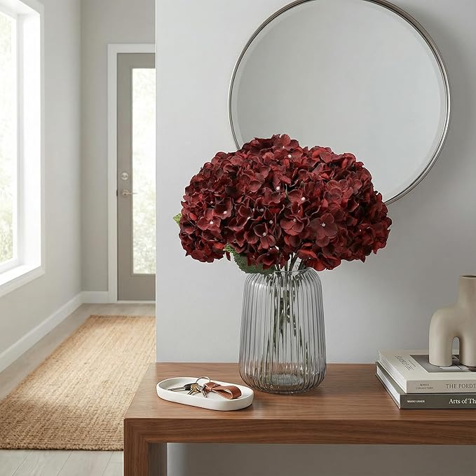 2Bouquets Artificial Fake Flowers Plants Silk Hydrangea Arrangements Wedding Bouquets Decorations Plastic Floral Home Kitchen Garden Party Festival Bar DIY (Dark Red,5 Flower Heads)