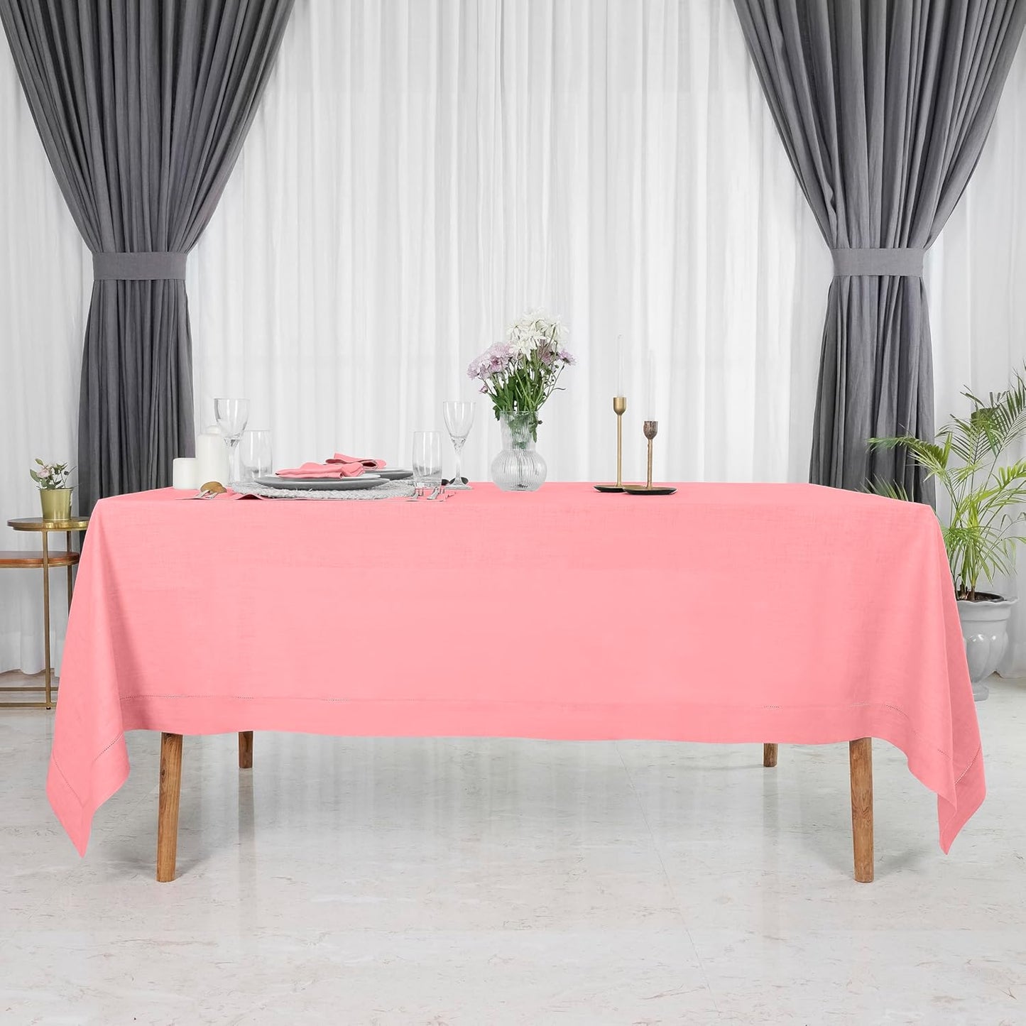 D'Moksha Homes Dusty Pink Linen Tablecloth 60 x 120 Inch - 100% Pure Linen Hemstitch Tablecloth for Rectangle Tables - Classic Hemstitch, Machine Washable Table Cloth for Fall, Autumn and Halloween