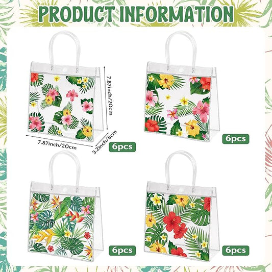 H1vojoxo Hawaiian Luau Gift Bags - 24PCS Hawaiian Luau Party Favors Bags Summer Luau PVC Clear Gift Bag with Handle Summer Tropical Palm Leaves Plastic Transparent Gifts Bag for Hawaiian Party Favor