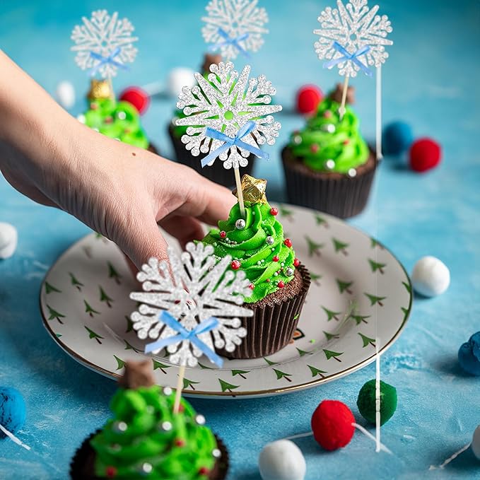 24Pcs Snowflake Cupcake Toppers Glitter Snowflake Cupcake Picks Frozen Blue Bow Snowflake Cake Decors Baby Shower Gender Reveal Winter Theme Christmas Party Cake Decor Supplies