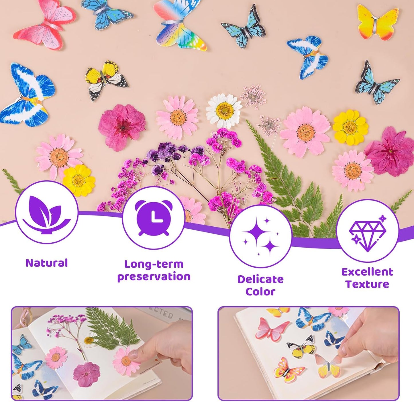 50 Pcs 10 Kinds Real Natural Edible Wildflower Cake Toppers & Edible Butterflies Wedding Cake Toppers, Edible Cake Decorations for Birthday, Cake Decorating Kit for Wedding,