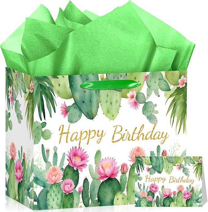 Cactus Birthday Gift Bag Green Happy Birthday Gift Bag with Tissue Paper and Card Cactus Wrapping Paper Party Favors Bag Floral Decorations for Boho Bday Fiesta Wedding Party Supplies