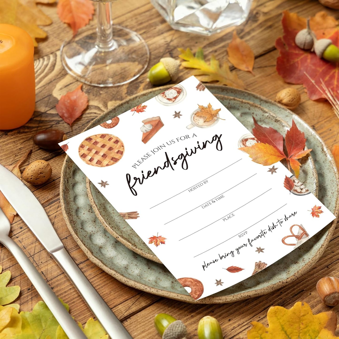 Friendsgiving Invitations - Pie & Fall Treats Themed Card with Envelopes And RSVP Cards - You're Invited 20Pcs Fill In Friendsgiving Party Cards(4 x 6 Inch) (038)