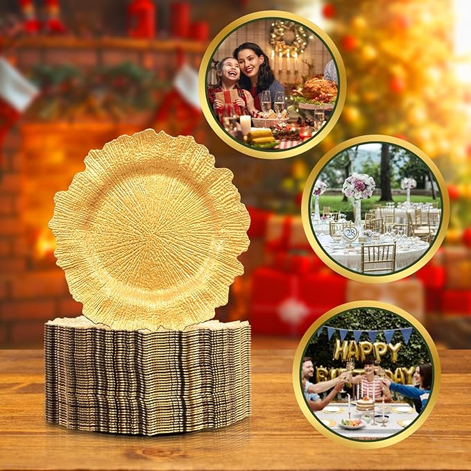 GenMous 100 Pack Gold Charger Plates Bulk for Wedding Party Table Decor, 13 inch Floral Decorative Gold Charger for Dining Plates, Plastic Metallic Plates Charger for Thanksgiving Christmas Holiday