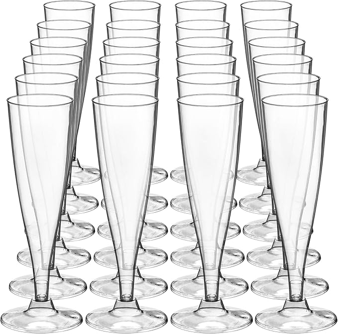 DecorRack 48 Champagne Glasses, 5 Oz -BPA Free- Plastic Flutes, Perfect for Outdoor Parties, Weddings, Hosting, Stackable, Reusable, Disposable Stemmed Cups (Pack of 48)