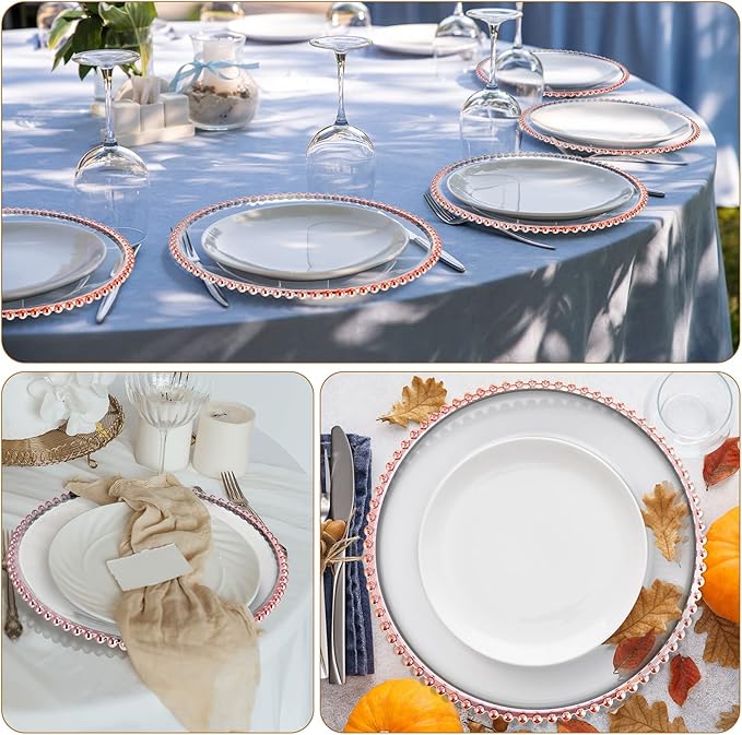 Zopeal 18 PCS Clear Charger Plates with Beaded Rim 13 Inch Plastic Round Charger Plates Bulk for Dinner Home Kitchen Wedding Party Tabletop(Rose Gold)