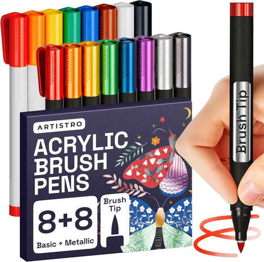 ARTISTRO Paint Markers - Acrylic Pens for Rock, Glass, Fabric, DIY - Art Supplies - 16 Brush Tip Markers