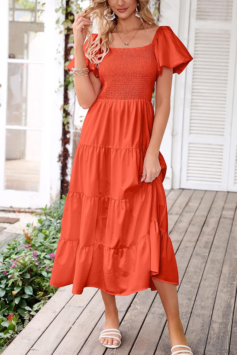 PRETTYGARDEN Women's Casual Summer Midi Dress Puffy Short Sleeve Square Neck Smocked Tiered Ruffle Dresses