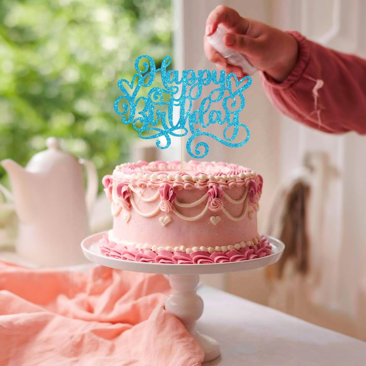 Gyufise 1Pcs Happy Birthday Cake Topper Glitter Cake Pick for Celebrating Anniversary Party Cake Decorations Lake Blue