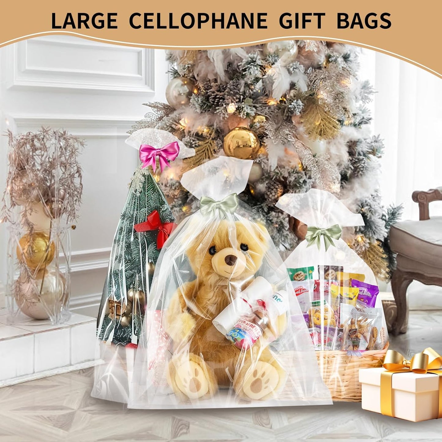 6PCS Extra Large Cellophane Gift Bags 40x50 Inch Christmas Clear Cellophane Wrap Storage Bags for Gift Baskets Baby Bridal Shower Wedding Party Favor Birthday Candy 2.5 Mil Thick