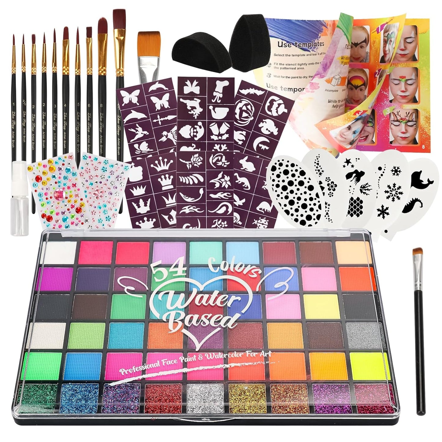 Pintada 54 Color Face Painting Kit for Kids - Non Toxic Water Activated Face Paint Palette with Stencils, Brushes, Gems & Book. For Halloween, Carnival, Party; Costume Makeup for Creative Activities