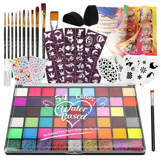 Pintada 54 Color Face Painting Kit for Kids - Non Toxic Water Activated Face Paint Palette with Stencils, Brushes, Gems & Book. For Halloween, Carnival, Party; Costume Makeup for Creative Activities