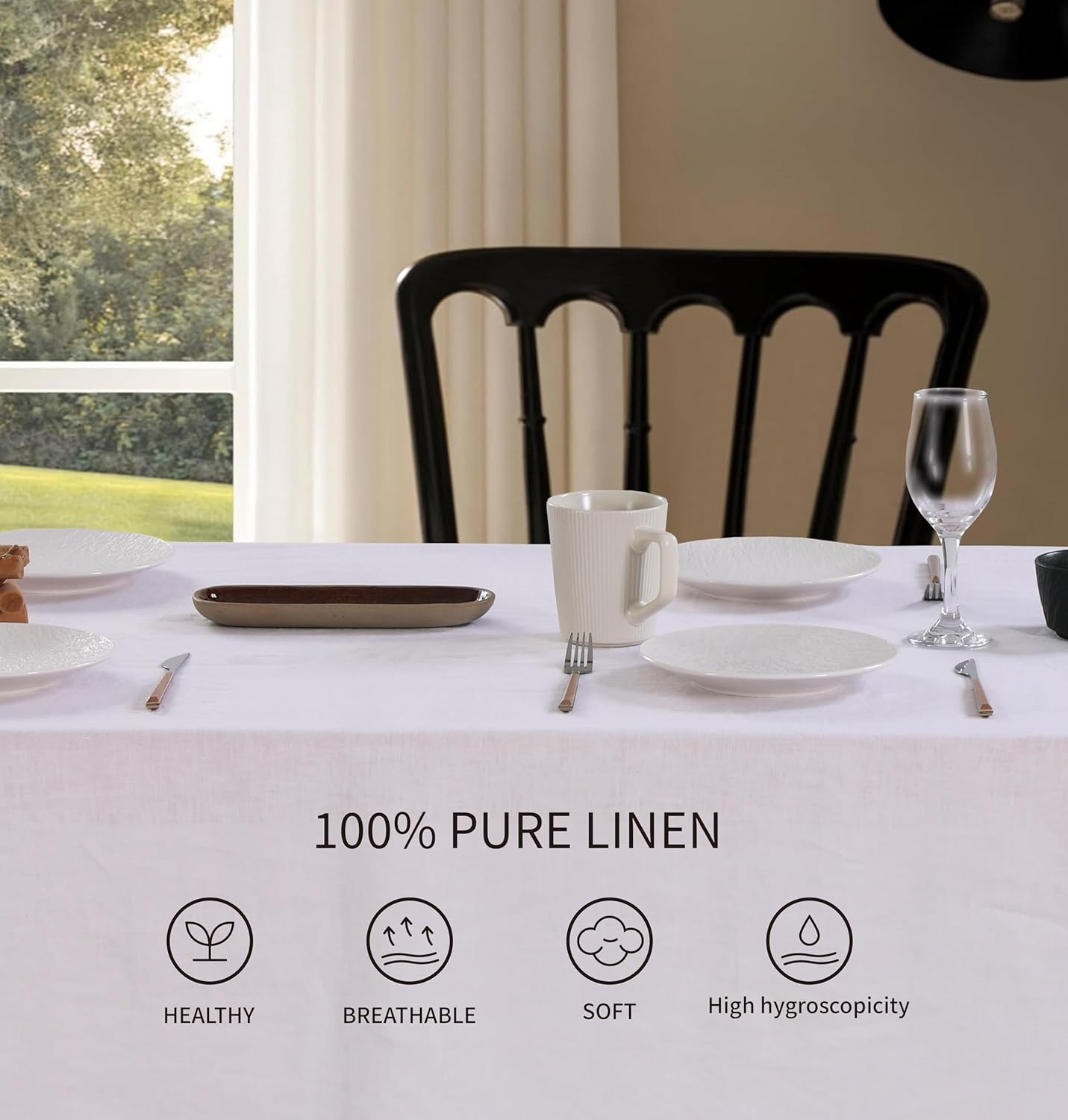 100% Pure Linen Scalloped Embroidery Rectangle Tablecloths 108Lx60W Inch for Dinners, Parties, Spring, Machine Washable, 8-10 Sets, White(Edges-Gold)