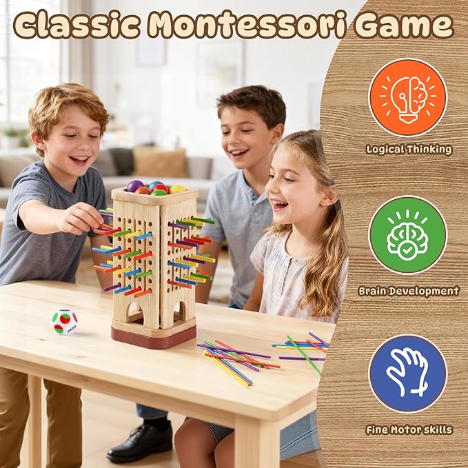 Pinshoon Montessori Game Wooden Board Game, Multiplayer for Kids 4-8, Math Educational, Fine Motor Skill Toy for Girls Boys, Classic Fun Games for Age 3 4 5 6 7 8 Girls Boys Gifts (Storable)
