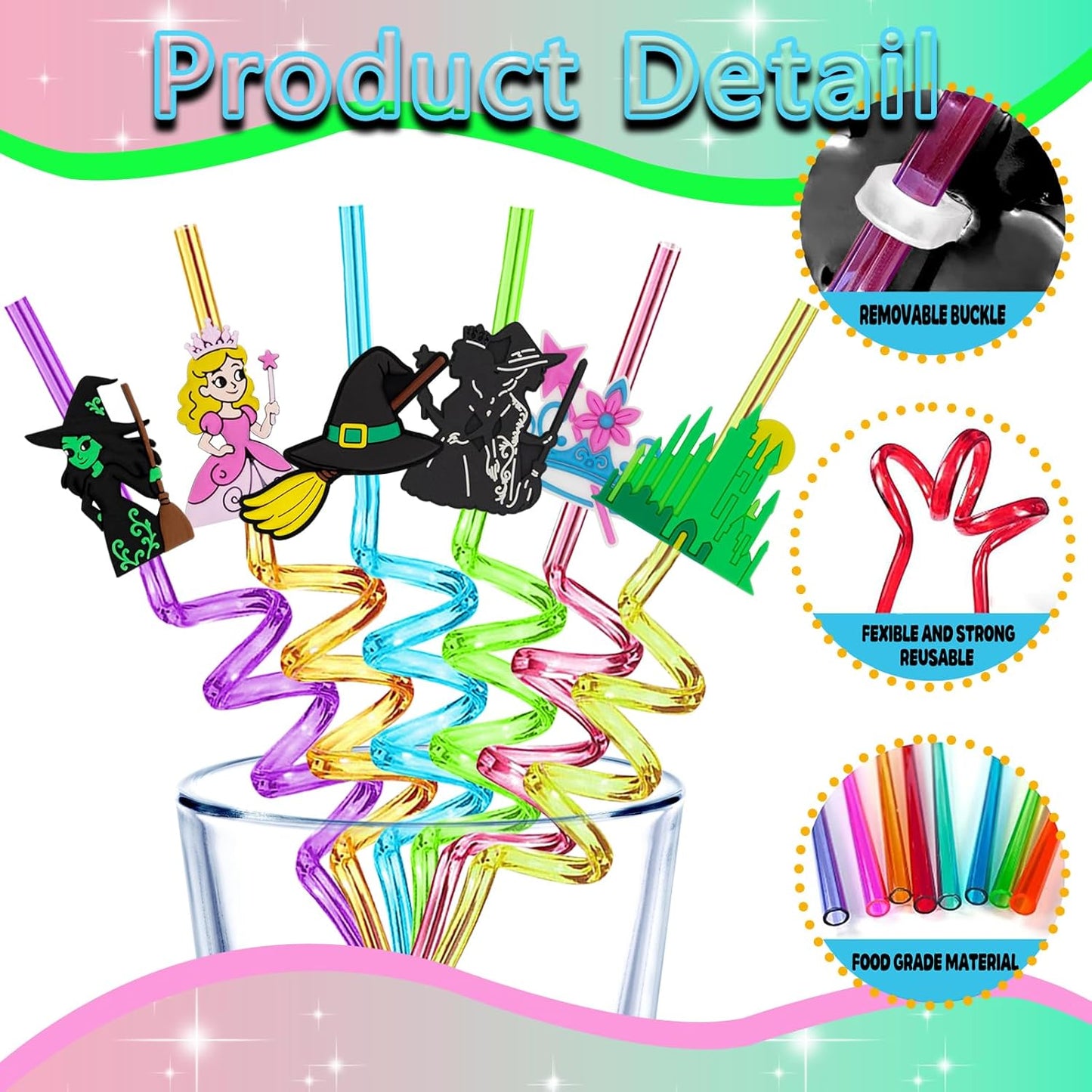 Witch and Princess Reusable Straws Wizard Birthday Party Decorations Fun Witch Straws Pink & Green Themed Party Decor Birthday Supplies with 2 Brushes