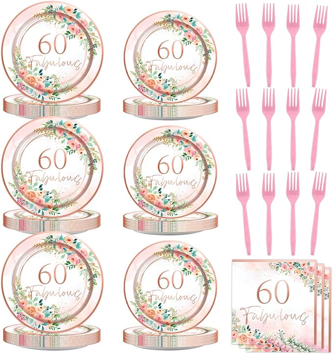 96Pcs 60th Birthday Party Supplies 60 Fabulous Paper Plates Napkins 60 Years Party Decorations Rose Gold Birthday Dinnerware Party Favor Women 60th Birthday Tableware Serves 24