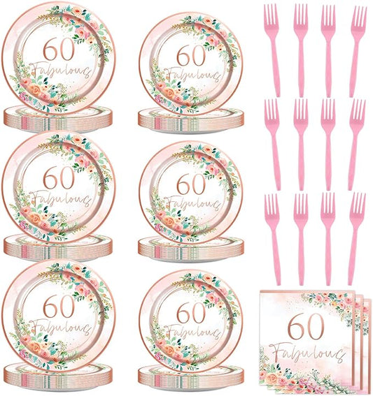 96Pcs 60th Birthday Party Supplies 60 Fabulous Paper Plates Napkins 60 Years Party Decorations Rose Gold Birthday Dinnerware Party Favor Women 60th Birthday Tableware Serves 24