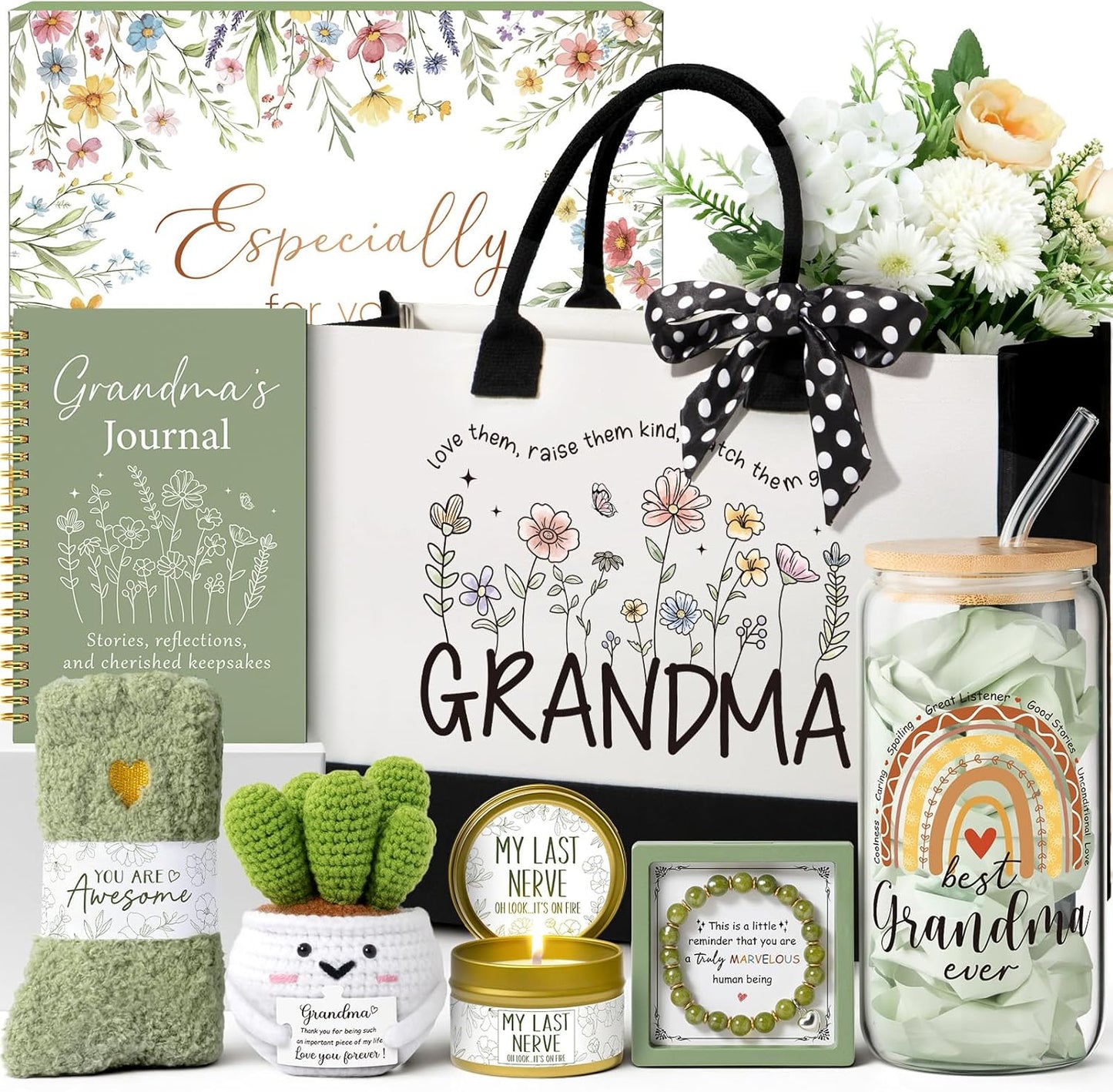 Christmas Gifts for Grandma Nana, Best Grandma Birthday Gifts from Granddaughter Grandchildren Grandkids, Unique Grandmother Nana Birthday Gift Basket for Gigi, New Granny Gift w/Canvas Tote Bag