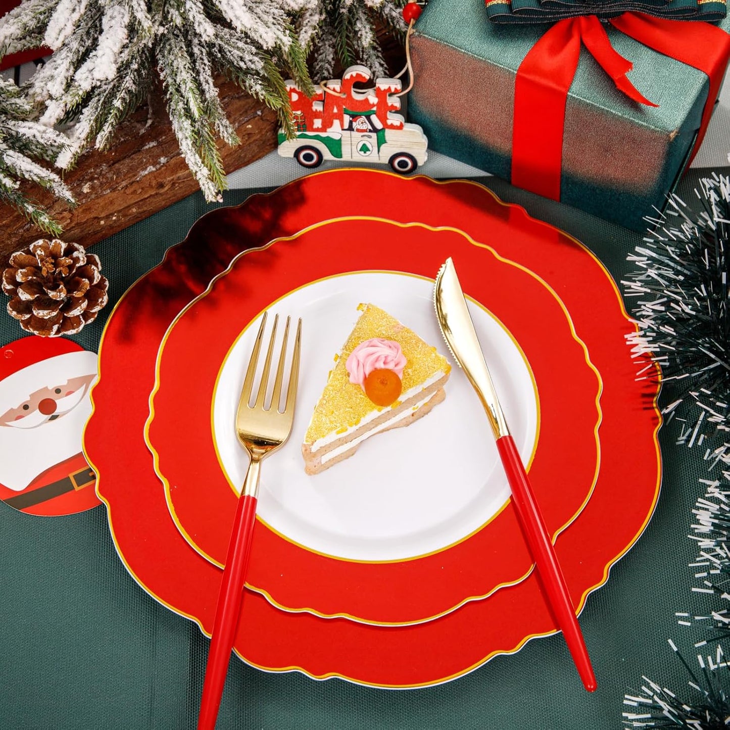 WDF 60pcs Red Christmas Plastic Plates with Gold Rim - 10.25inch Red Dinner Plates Disposable Plates Table Decor for Christmas