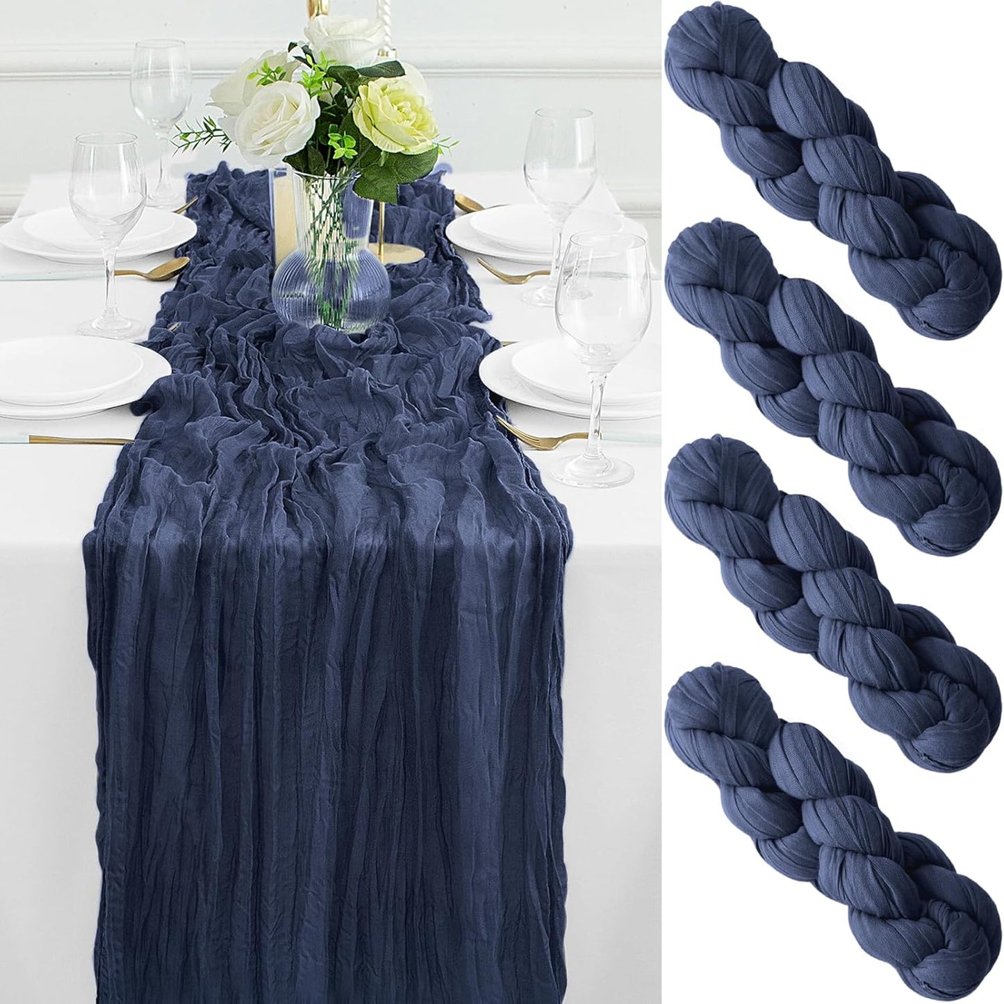 4Pack Navy Blue Table Runner 10FT Cheesecloth Table Runner 35x120Inch Long Boho Cheese Cloth Table Runners Rustic Gauze Table Runners for Party Wedding Bridal Shower Baby Shower Decorations