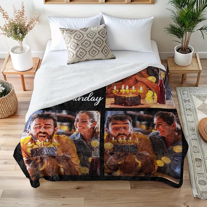 Ships Next Day Custom Blanket with Picture Text Personalized Throw Blanket Photo Collage Blankets Customized Birthday Gifts for Couple Girlfriend Boyfriend Family Kids Friends Pet