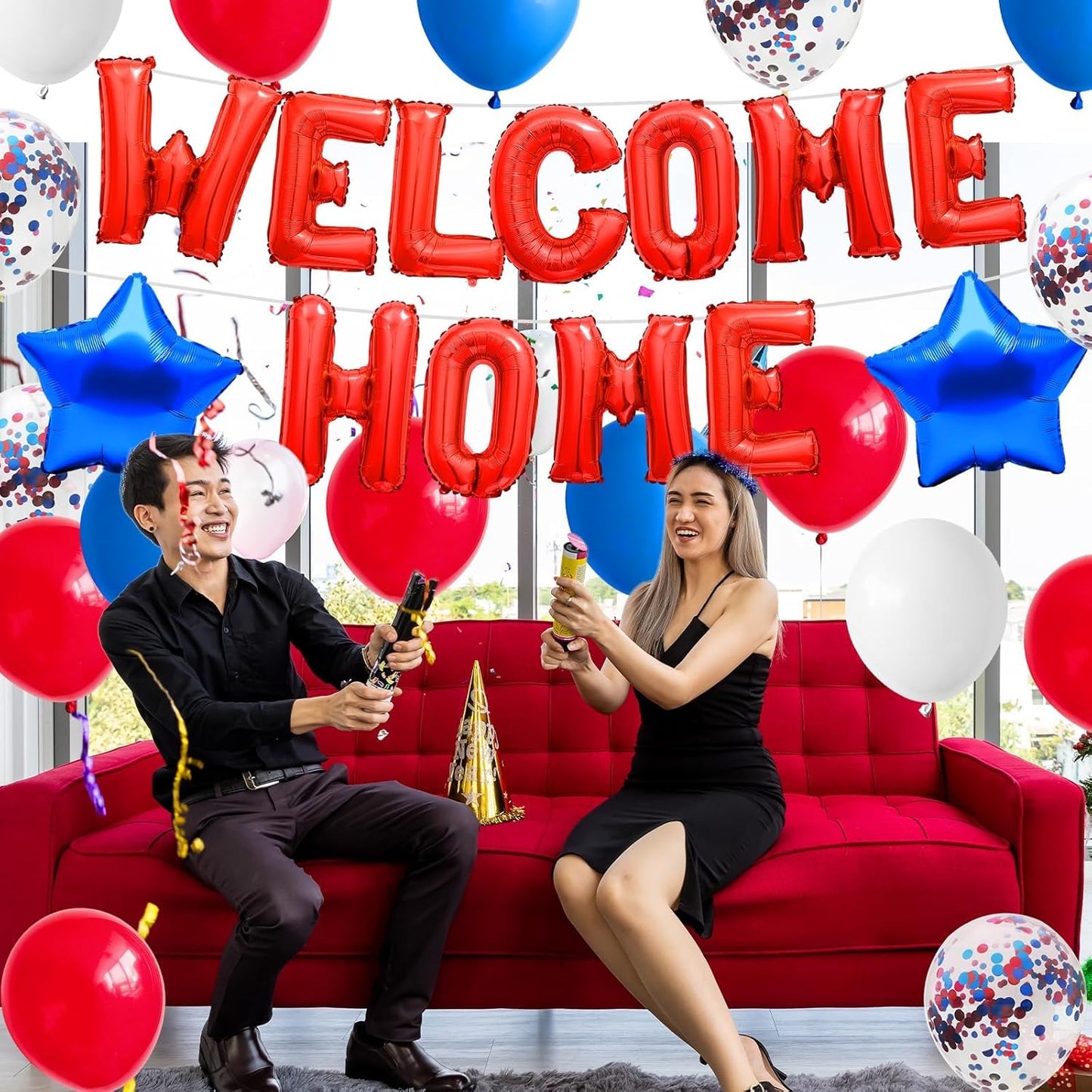 Red Blue Welcome Home Foil Balloon Banner with Confetti Balloons, Blue Star Balloons for Patriotic Welcome Home Army Returning Party Supplies