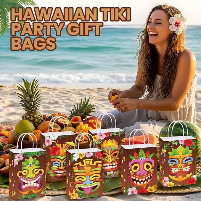 Resholder 30 Pcs Hawaiian Aloha Gift Bags Tiki Luau Party Favor Paper Bags with Handle Tropical Tiki Face Portable Candy Treat Goodie Pouch for Hawaii Summer Festival Party Supplies Baby Shower Decor