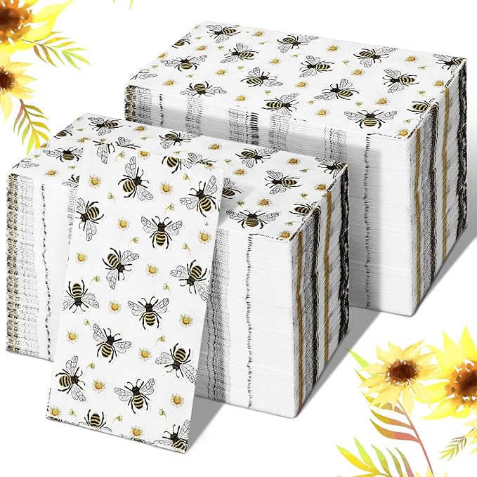 Karenhi 200 Pcs Honey Bee Party Supplies Disposable Hand Towel for Bathroom 2 Ply Spring Yellow Decorative Napkins Floral Bathroom Paper Hand Towels for Honey Bee Birthday Baby Shower Party Decoration