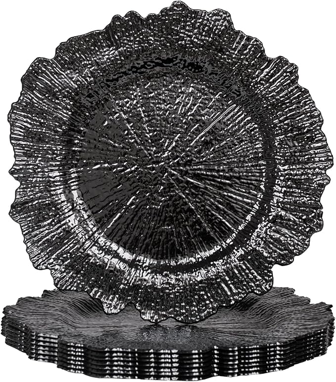MAONAME 13" Round Black Charger Plates Set of 8, Reef Chargers for Dinner Plates, Plastic Plate Chargers for Wedding, Table Decor