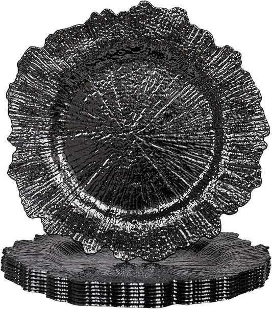 MAONAME 13" Round Black Charger Plates Set of 8, Reef Chargers for Dinner Plates, Plastic Plate Chargers for Wedding, Table Decor
