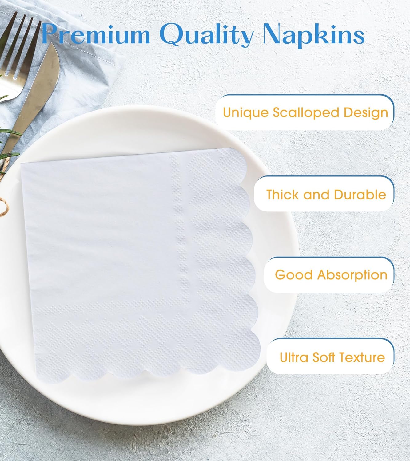 100 Pack Cocktail Napkins, 3-Ply Scalloped Edged Wedding Napkins Folded 5 x 5 Inches Dessert Napkins, Disposable Napkins for Dinner Birthday Party Bridal Anniversary Baby Shower Reception (White)