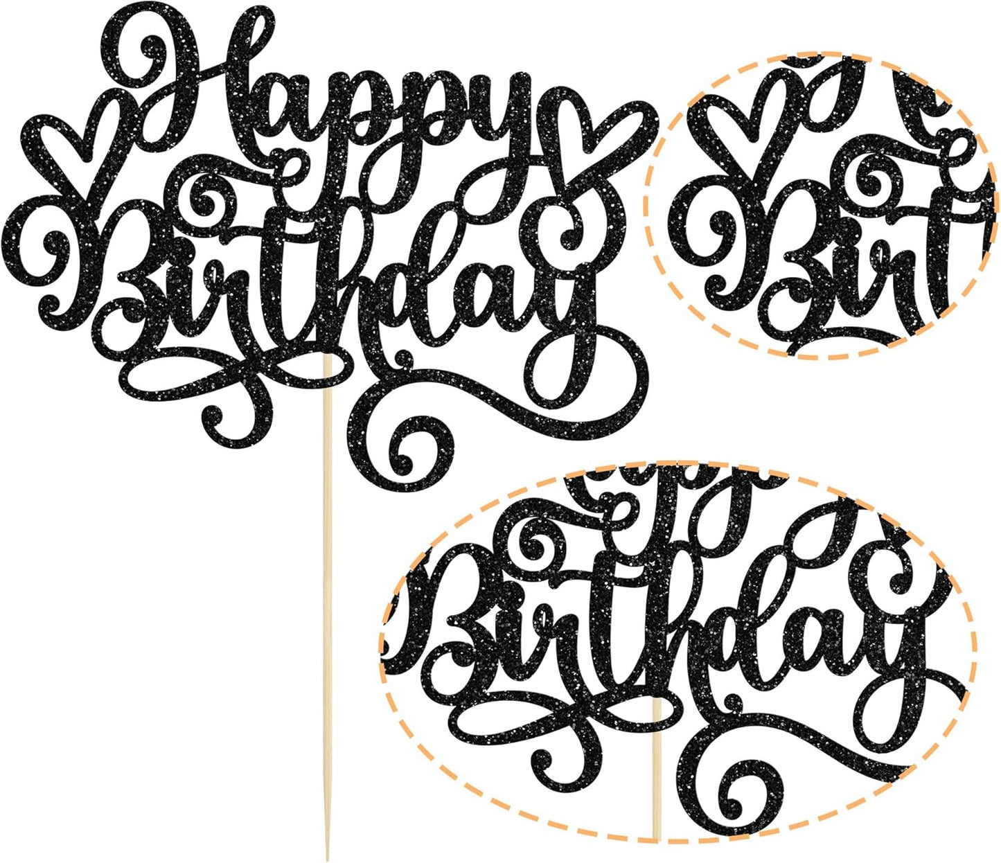 Gyufise 1Pcs Happy Birthday Cake Topper Glitter Cake Pick Bunting Decor for Anniversary Celebrating Party Cake Decorations Supplies Black