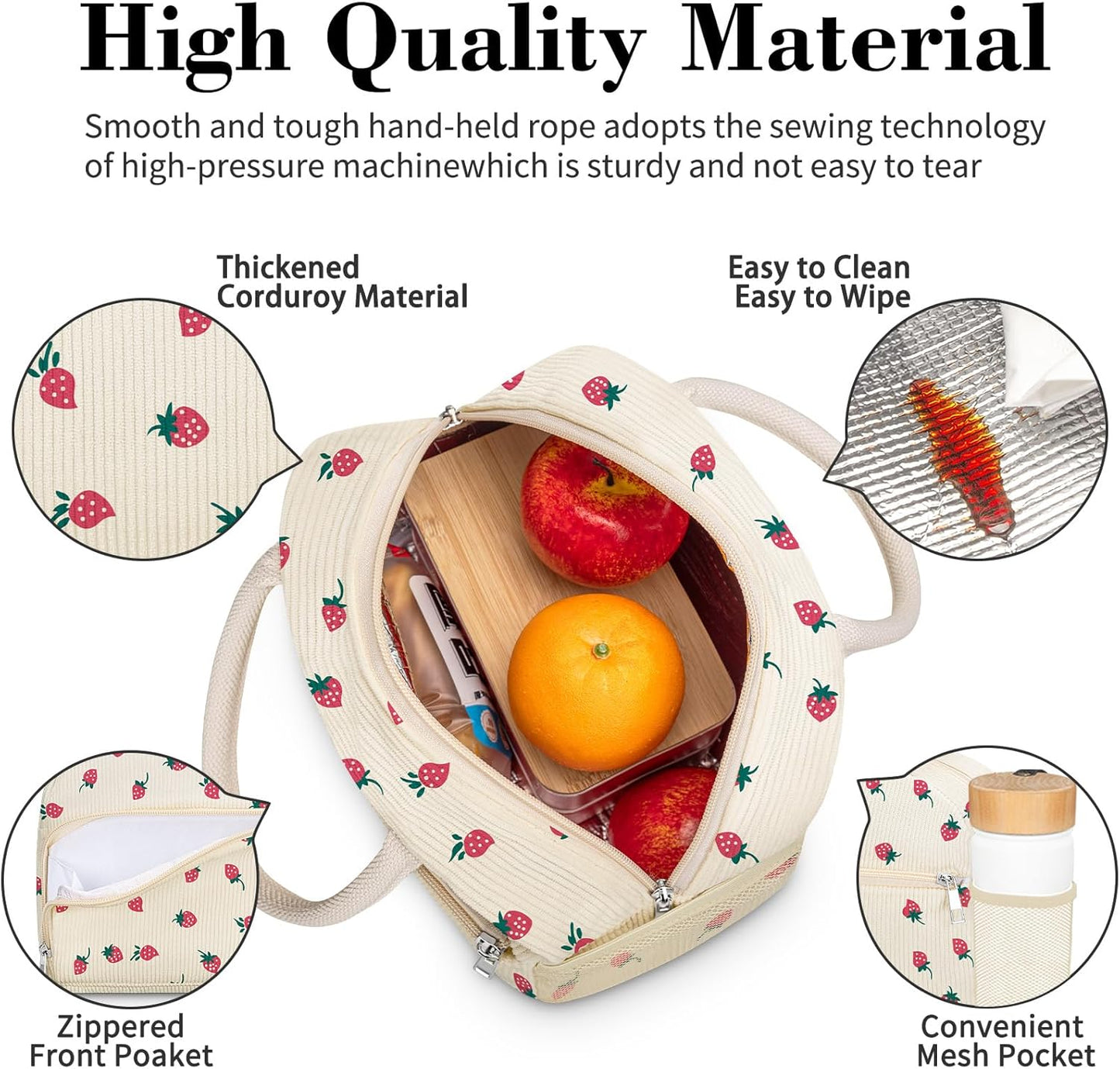 Coobiiya Lunch Bag for Women Men, Cute Corduroy Lunch Tote Bags Insulated Reusable LunchBox Large Capacity Cooler Bag for Work Travel Picnic