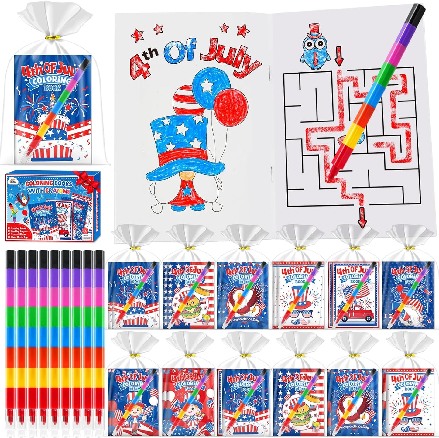 ZMLM 24 Coloring Books for Kids Party Favors: Bulk 24 Crayons Mini Coloring Books for Kids Ages 4-8 Birthday Goodie Bags Stuffers Toddlers Return Gifts Classroom Prizes Teacher Crafts (4th of July)
