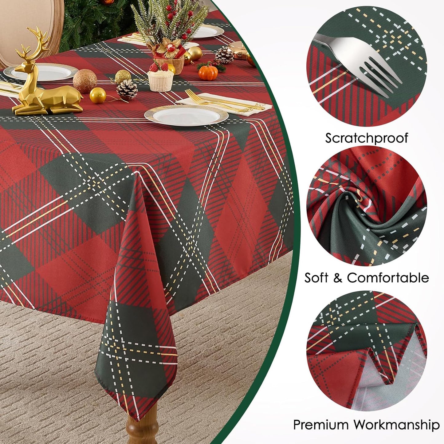 Christmas Tablecloth Rectangular 60x84 Inch Waterproof, Machine Washable Checkered Polyester Table Cover for Xmas Party, Winter Holiday Home Decoration in Festive Checkered Green 1pack