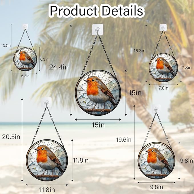 Stained Glass Window Hanging - Orange Grey Robin Sun Catcher for Door Garden Home Decor Bird Lovers Suncatcher Christmas Mother's Day Birthday Gifts for Women Men Mom Nana 11.8 in