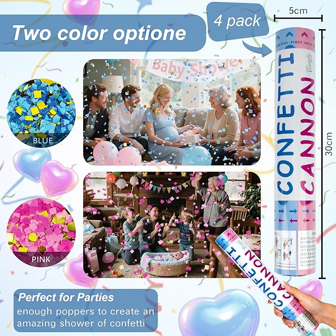 4 Pack Gender Reveal Confetti Cannon, 12 in Blue Square Shaped Paper Party Poppers Cannons, Confetti Poppers For Baby Boy Girl Gender Reveal Baby Showers (Square, Blue)