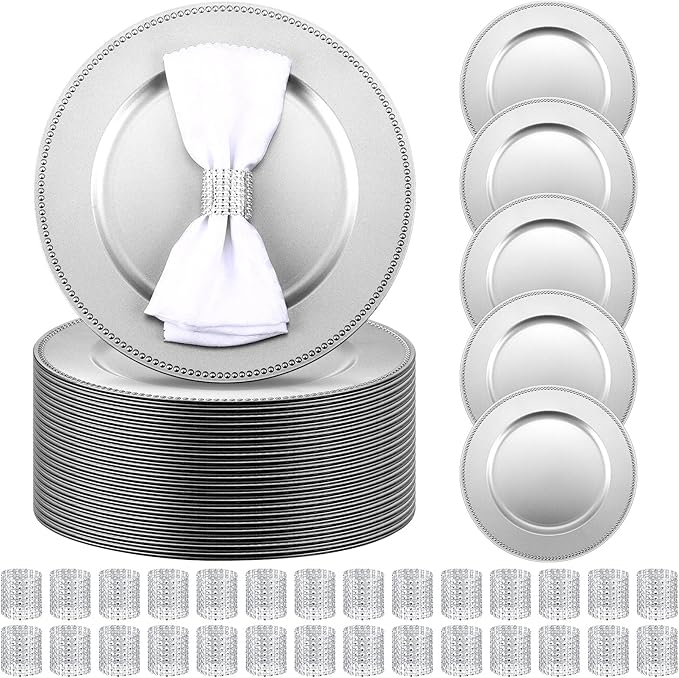 Tanlade 100 Pcs Charger Plates Bulk with Napkin Rings Set Include 50 Plastic Beaded Plate Chargers 50 Napkin Rings 13'' Round Dinner Plate Chargers Set for Table Setting Wedding Party(Silver)