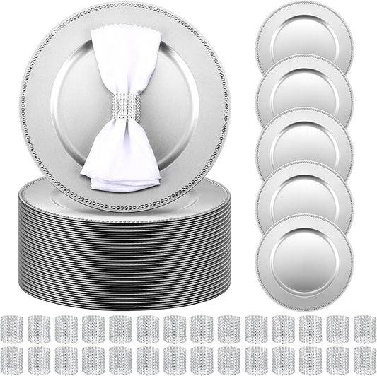 Tanlade 100 Pcs Charger Plates Bulk with Napkin Rings Set Include 50 Plastic Beaded Plate Chargers 50 Napkin Rings 13'' Round Dinner Plate Chargers Set for Table Setting Wedding Party(Silver)