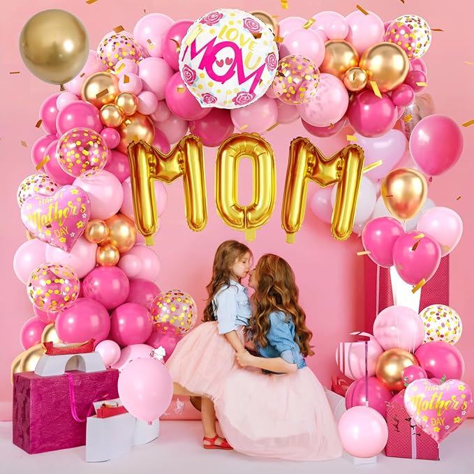 Mother's Day Balloon Arch, Hot Pink metallic Gold Balloon Garland Kit with Large Mom Foil Balloons, Pink Mother Heart Foil Balloons for Mom's Day Party Decorations