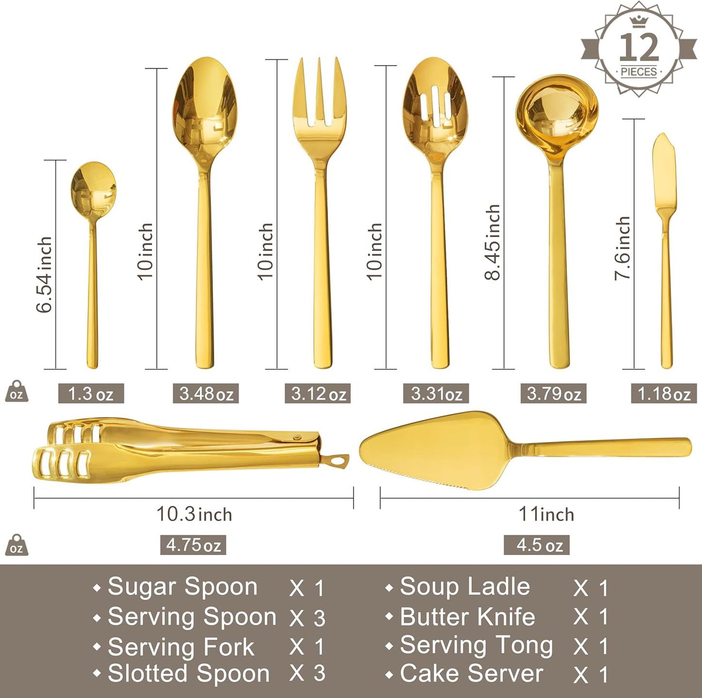 KINGSTONE Large Hostess Gold Serving Utensils Set, 18/10 Stainless Steel -10 inch Serving Spoons, Slotted Spoons, Forks, Tongs, Cake Pie Server, Butter Knife, Sugar spoon for Buffet, Wedding, Party